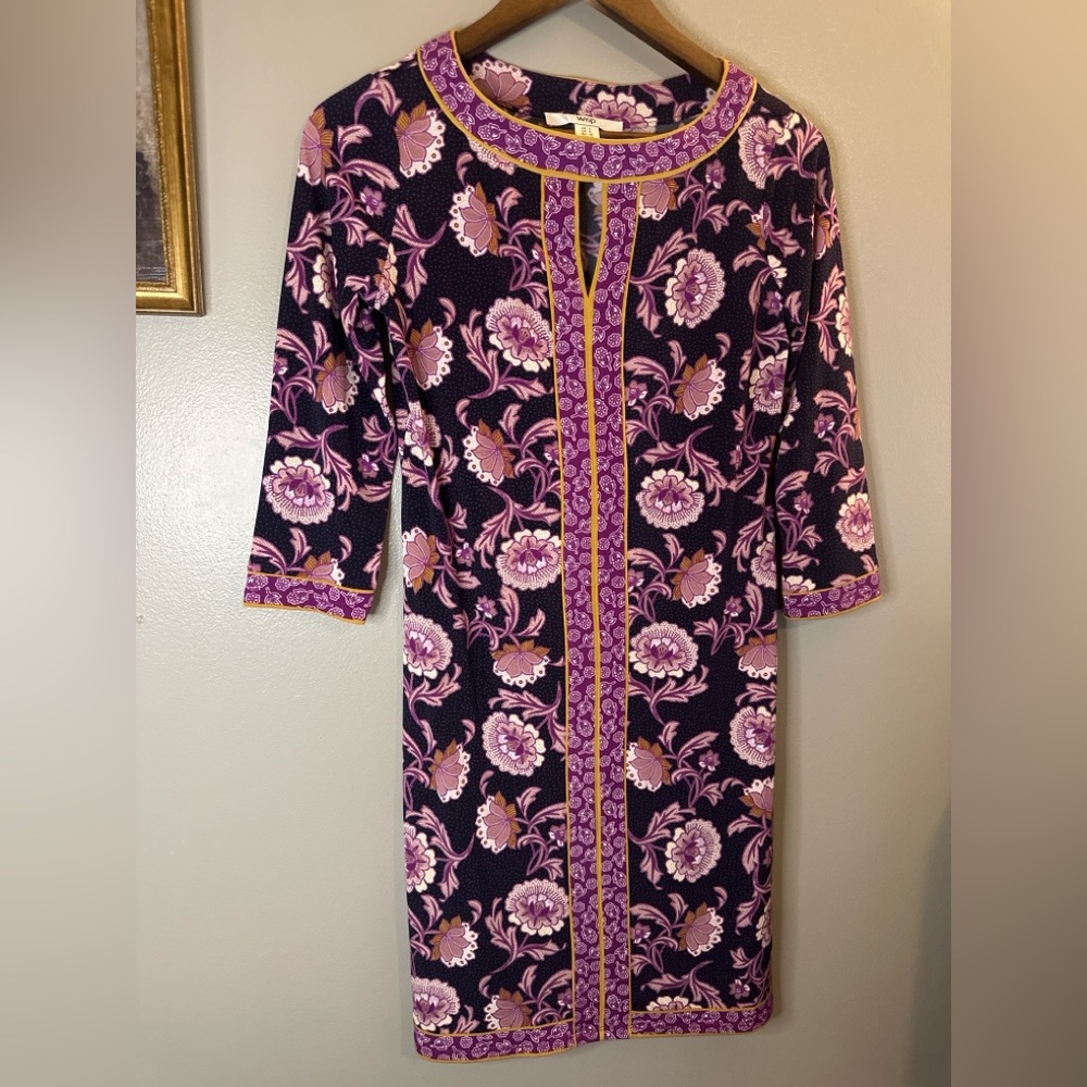 Wisp Floral Border Print Keyhole Shift Dress Purple Gold Size 2 Boho - Picture 4 of 8